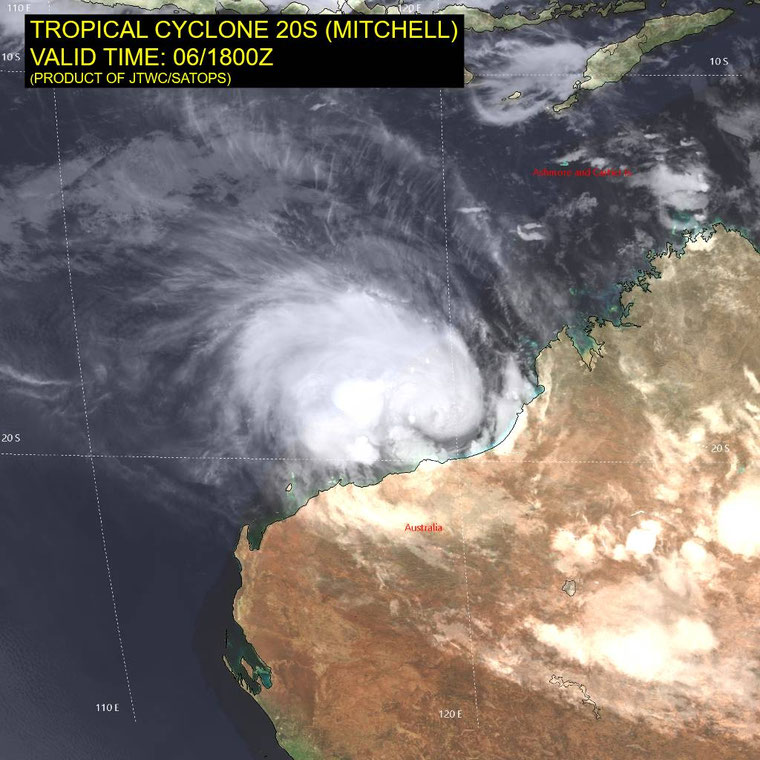 Satellite image of tropical cyclone Mitchell off northwest Western Australia, 07 February 2026. From JTWC.