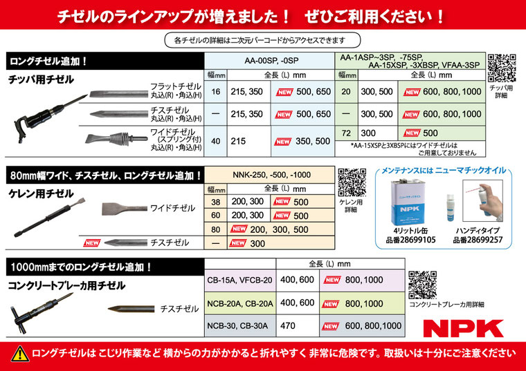 ラッピング無料 日本ニューマチック工業 株 NPK フラットチゼルロング 長さ500mm 丸込 R AA-1ASP〜3SP用 17300422 JP店 