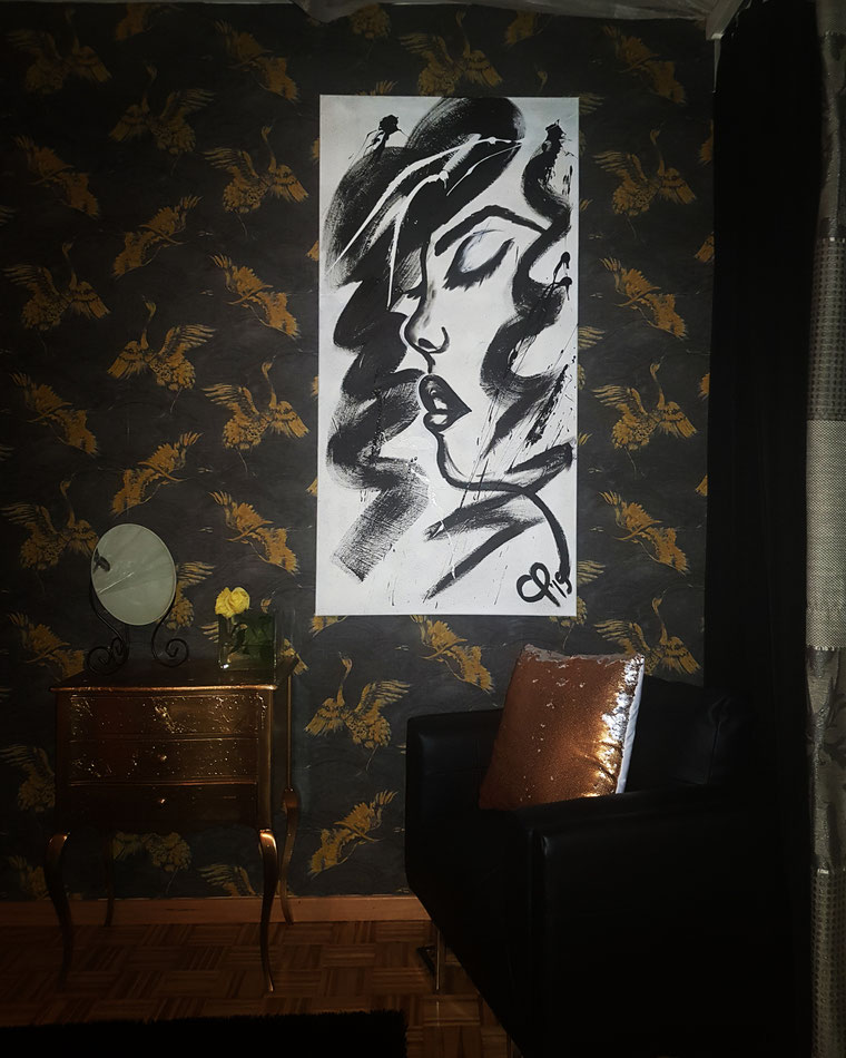 "Dreams" CP´19 in 70x140x4cm, Acryl auf Leinwand, Hintergrund Granit-Optik, Schwarz+ Weiss (Preis auf Anfrage)