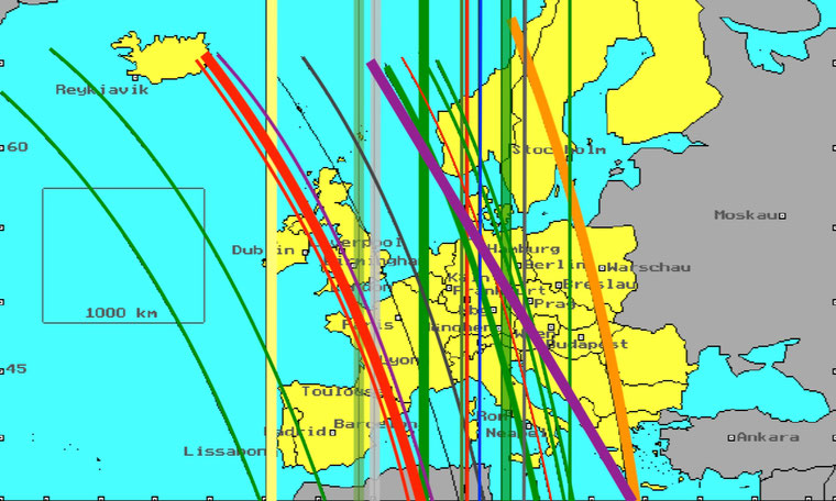 Skizzierte Astro-Kartografie für Europa mit den persönlichen Kraftlinien