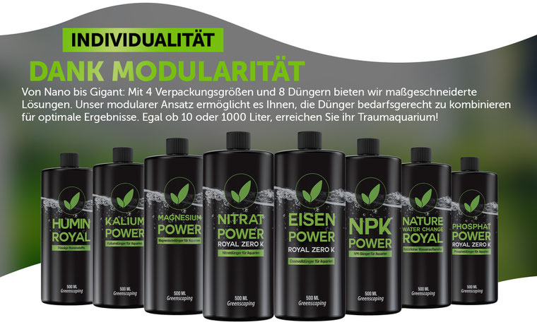 Individualität dank Modularität, Von Nano bis Gigant: Mit 4 Verpackungsgrößen und 8 Düngern bieten wir maßgeschneiderte Lösungen. Unser modularer Ansatz ermöglicht es Ihnen, die Düner bedarfsgercht zu kombinieren für optimale Ergebnisse.