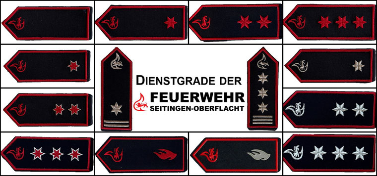 Übersicht aller bei der Feuerwehr Seitingen-Oberflacht verwendeten Dienstgrade und Funktionskennzeichnungen
