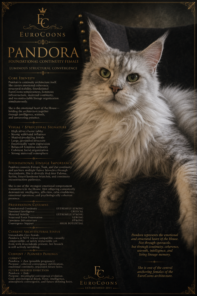 Pandora: High silver classic tabby Maine Coon female distinguished by luminous structure, emotional intelligence, and foundational EuroCoons continuity.