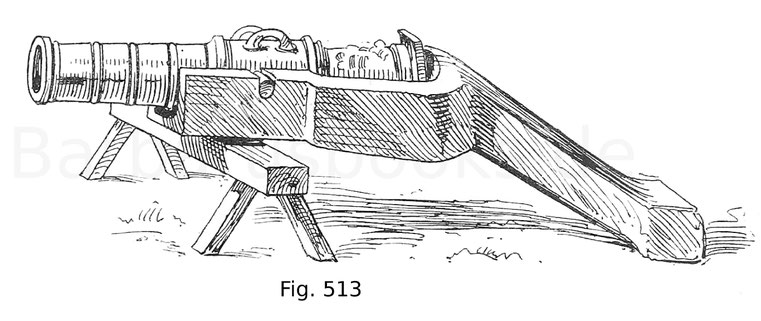 Fig. 513. Viertelbüchse in Lade und Bank. 15. Jahrhundert. Nach Dolleczek, Geschichte der österreichischen Artillerie.