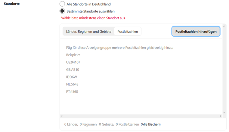 Targeting für Pinterest Ads: Auswahl der Standorte auf Postleitzahlen-Ebene (PLZ)