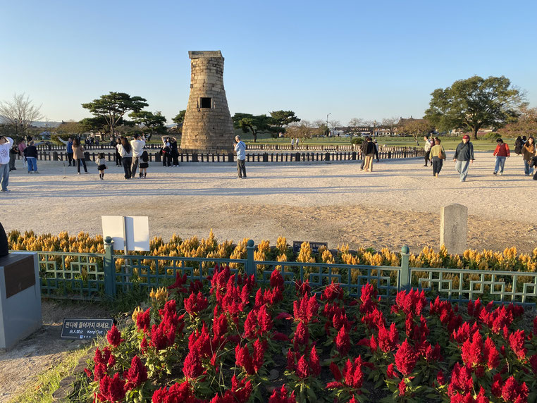 osservatorio astronomico del regno di Silla, patrimonio Unesco. Una torre di mattoni rimasta in piedi, con una finestrella quadrata al centro. Di fronte un giardino di fiori colorati