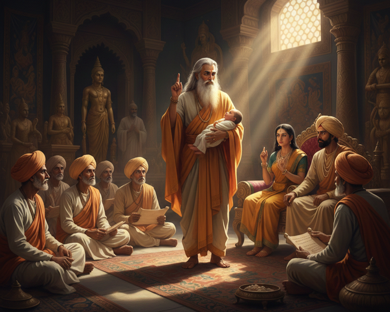immagine che illustra il saggio kaundinya con il dito alzato preannunciando il futuro del principe siddharta
