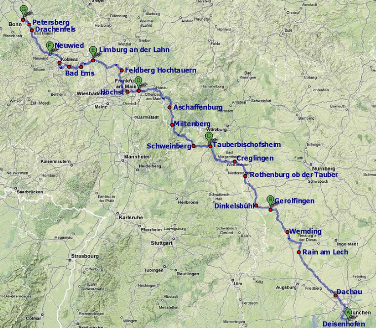 Die Route von München nach Bonn