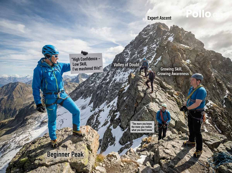 Bergsteigerszene die den Dunning Kruger Effekt aufklärt