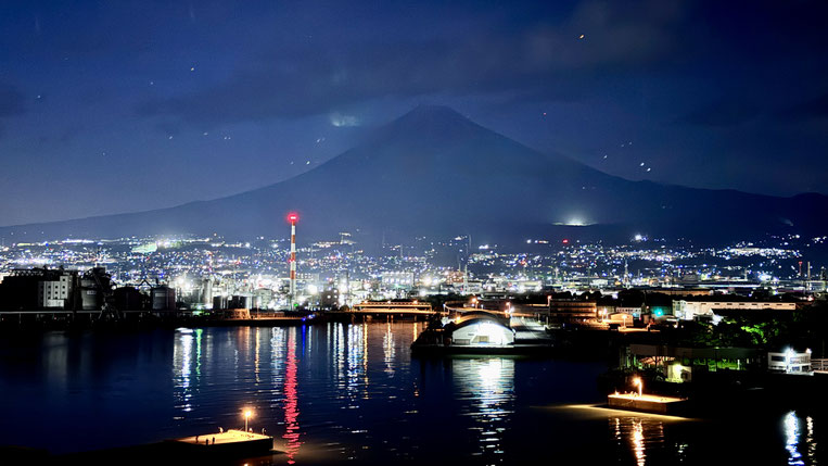 Night view of Mt. Fuji and Tagonoura Port from the Fuji Mountain Dragon Tower in Fuji City