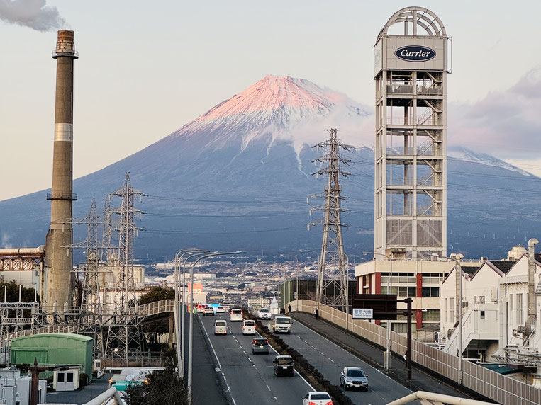 View of Mt. Fuji above Fuji City's industrial area, seen from Tadehara Pedestrian Bridge near Shin-Fuji Station.