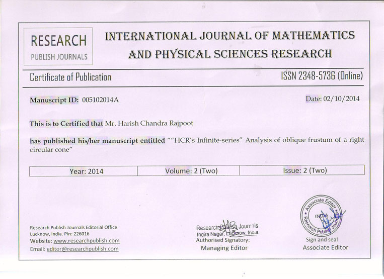 Certificate of Publication of Paper entitled 'HCR's Infinite-series' published by International Journal of Mathematics & Physical Sciences Research, 2 Oct, 2014  (website: www.researchpublish.com)