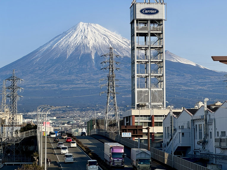 Main road in Fuji City with a view of Mt. Fuji