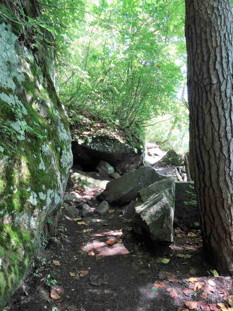 噴火で飛んできた岩石がゴツゴツと残る毘沙門沼周遊の道