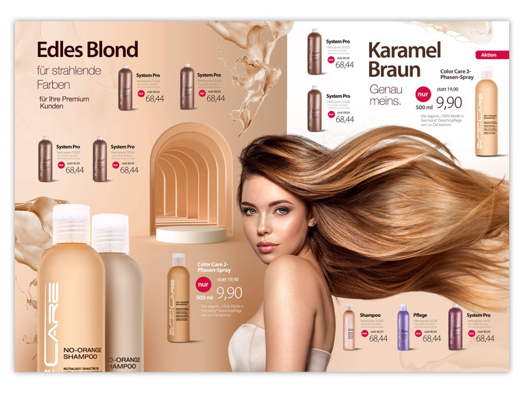 Edles Blond Haarprodukte und Friseur Katalogdesign – Produktwerbung von Werbeagentur Berlin digitalgrafik24