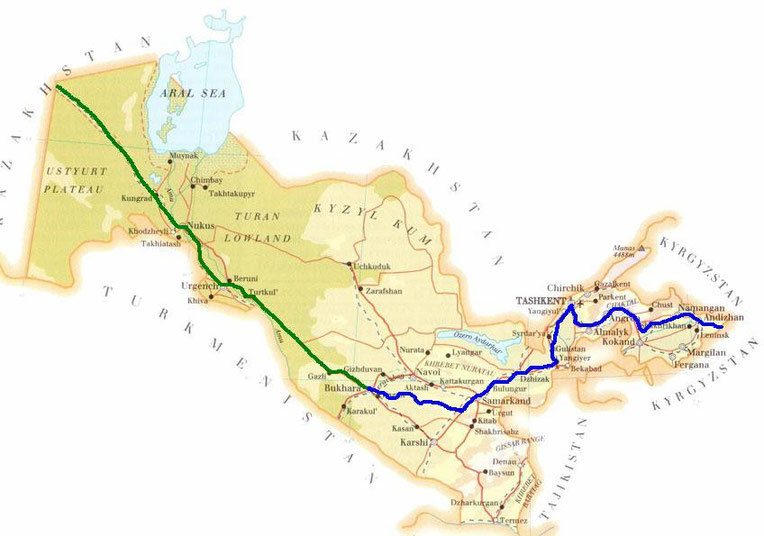 En bleu la partie effectuee a velo, en vert le trajet qu'on fera en stop/bus/train pour sortir rapidement du pays avant l'expiration de notre visa !