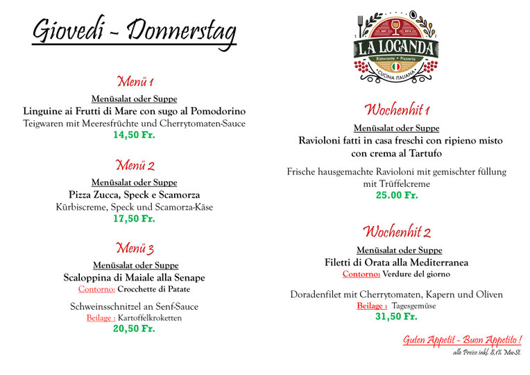 Unsere Mittagsmenü für Donnerstag den 04.12.2025