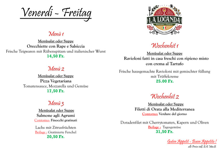 Unsere Mittagsmenü für Freitag den 05.12.2025