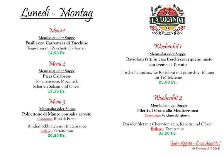 Unsere Mittagsmenü für Montag den 01.12.2025