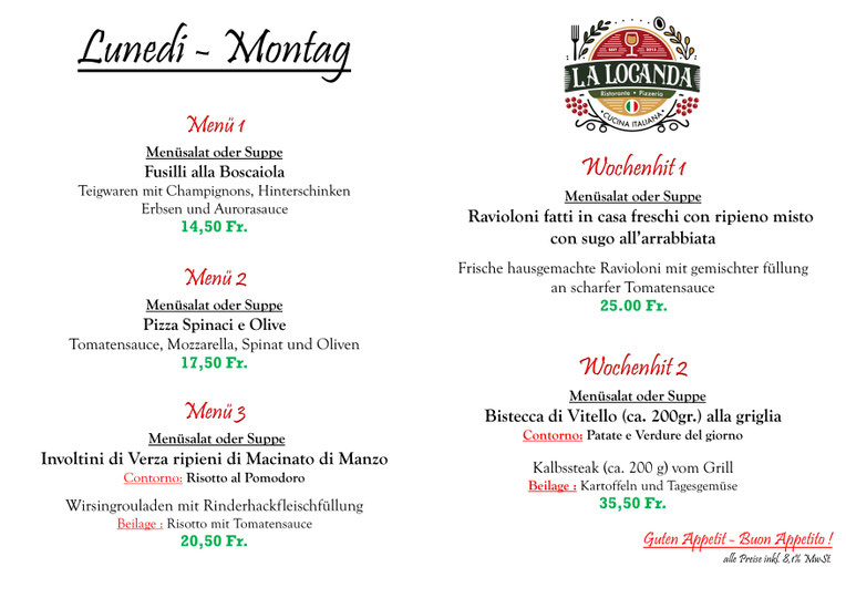 Unsere Mittagsmenü für Montag den 15.12.2025