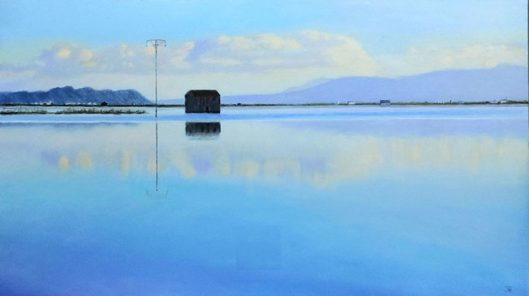 Óleo realista “Espejo azul” con reflejos perfectos sobre aguas tranquilas – Joaquín Pardo