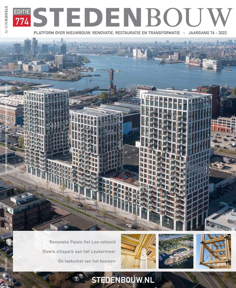 Exterieur, drone-opname van de bouw van het grootschalige nieuwbouwproject SPOT in Amsterdam. Ontworpen door verschillende Architecten waaronder Moederscheim Moonen, Klunder, Door, Kaan, ZZDP en Mei. Gebouwd door Pleijsierbouw en ontwikkeld door COD