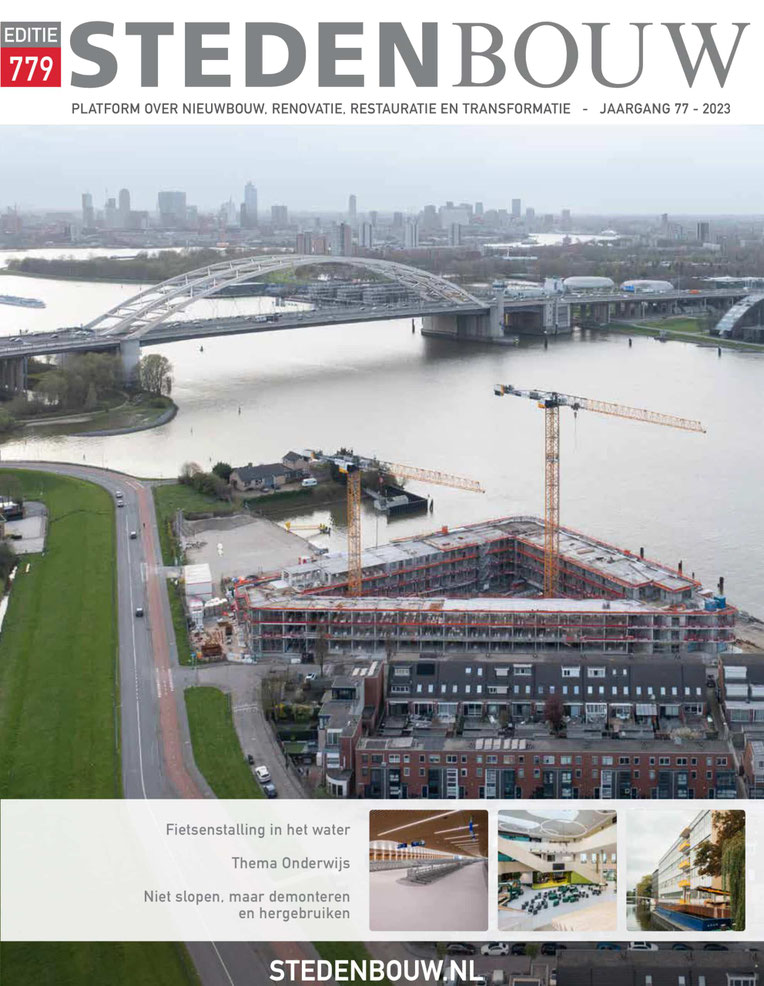 Exterieur, drone-opname van de bouw van het grootschalige nieuwbouwproject SPOT in Amsterdam. Ontworpen door verschillende Architecten waaronder Moederscheim Moonen, Klunder, Door, Kaan, ZZDP en Mei. Gebouwd door Pleijsierbouw en ontwikkeld door COD