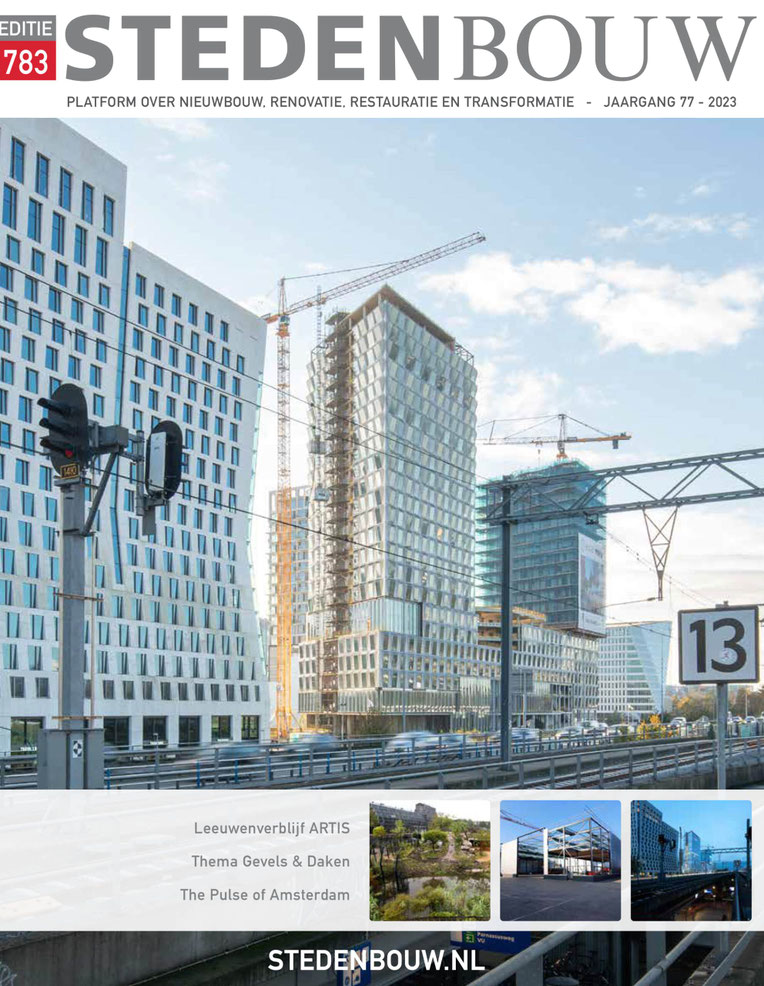 Exterieur, drone-opname van de bouw van het grootschalige nieuwbouwproject SPOT in Amsterdam. Ontworpen door verschillende Architecten waaronder Moederscheim Moonen, Klunder, Door, Kaan, ZZDP en Mei. Gebouwd door Pleijsierbouw en ontwikkeld door COD
