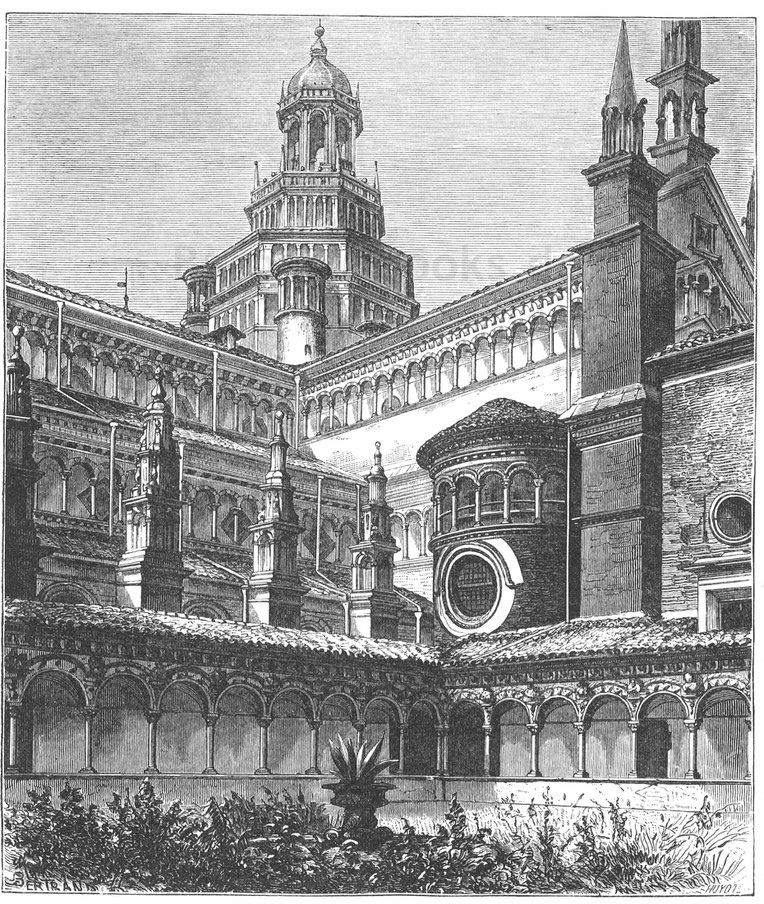Abb. 250. – Der kleine Kreuzgang der Chartreuse in Pavia mit der Kirchenkuppel im Hintergrund (Ende des 14. Jahrhunderts).