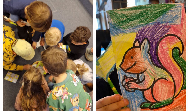 Collage: Die Geschichte „Gute Nacht, Fledermaus! Guten Morgen, Eichhorn!“ von Paul Meisel setzen die Kinder kreativ um; Fotos Jeannine Schwarzkopf 