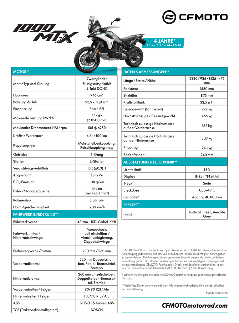 Technisches Datenblatt 2026 für die CFMOTO 1000MT-X