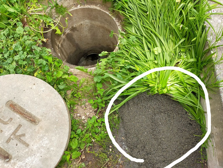 修繕後、川砂で埋め戻された排水ます周辺