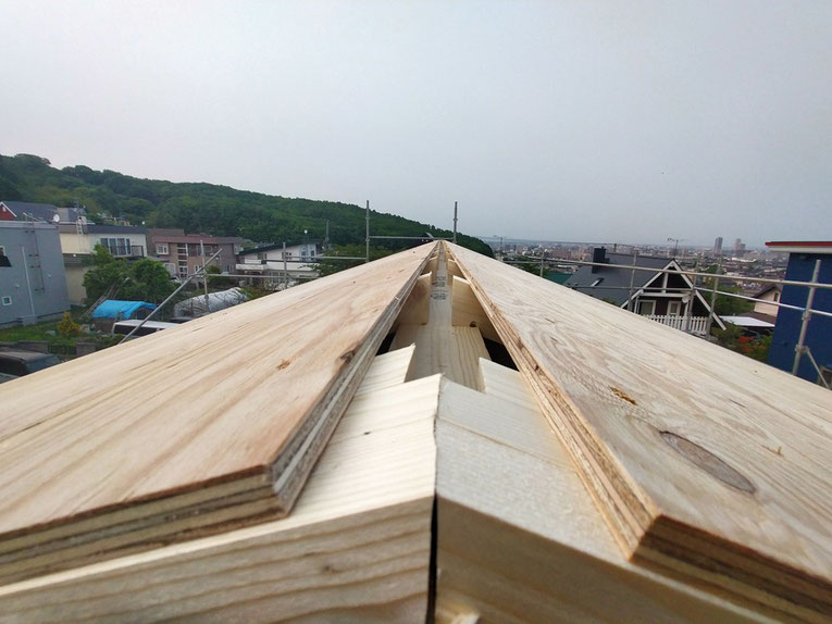 屋根の頂部に設けた棟換気開口。小屋の通気を確保するために重要な部分。