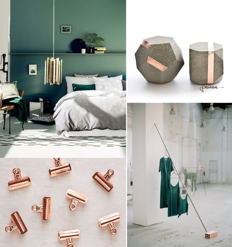 'Shiny Copper Emerald Green' Visual Board with images via Pinterest and PASiNGA