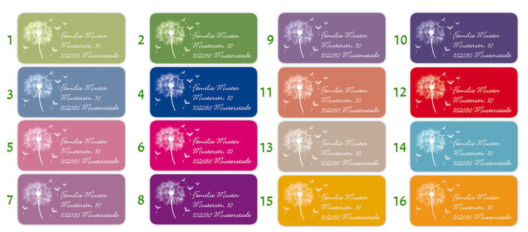 eckige Adressaufkleber mit zarte Pusteblume in vielen Farben auf umweltfreundlichen PVC-freien selbstklebenden Papier, wasserfest