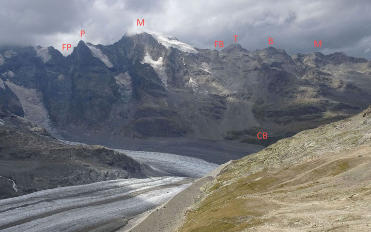 Overzicht: De klim naar Fuorcla Boval van de Diavolezze: Fuorcla Prievlusa, Piz Prievlus, Piz Morteratsch, Fuorcla da Boval, Piz Tschierva, Piz Boval, Piz Misaun en Chamanna da Boval © Fabian Lippuner
