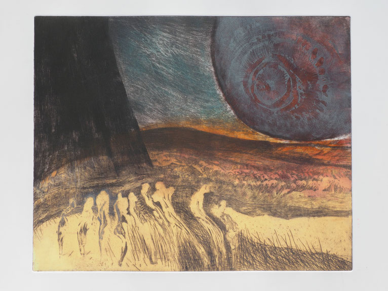 Menschen in einer surrealistischen Landschaft, als Radierung gedruckt von Katharina Lechner, Atelier tiefdruckArt