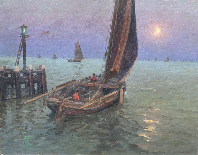 Lionel Walden Le retour de pêche , huile sur toile signée ,  étiquette d'exposition au dos, Dresde  , 64 x 80 cm expose à la galerie agnes thiebault