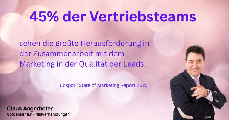 Die Qualität der Leads ist die größte Herausforderung in der Zusammenarbeit von Marketing und Vertrieb (Hubspot, 2023)