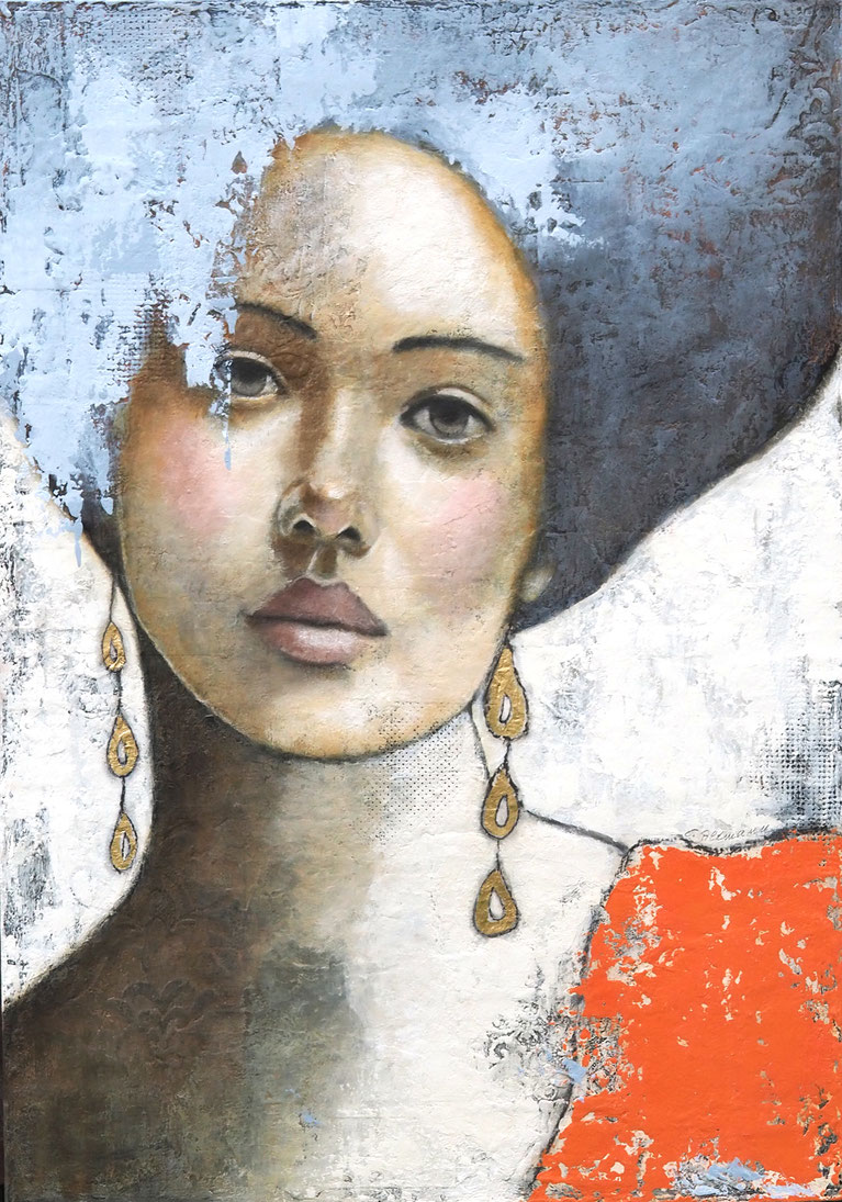 © Conni Altmann, Originalgemälde "Orange is her fave", Mischtechnik mit Blattgold auf Sperrholz, ca. 70 x 100 x 2 cm