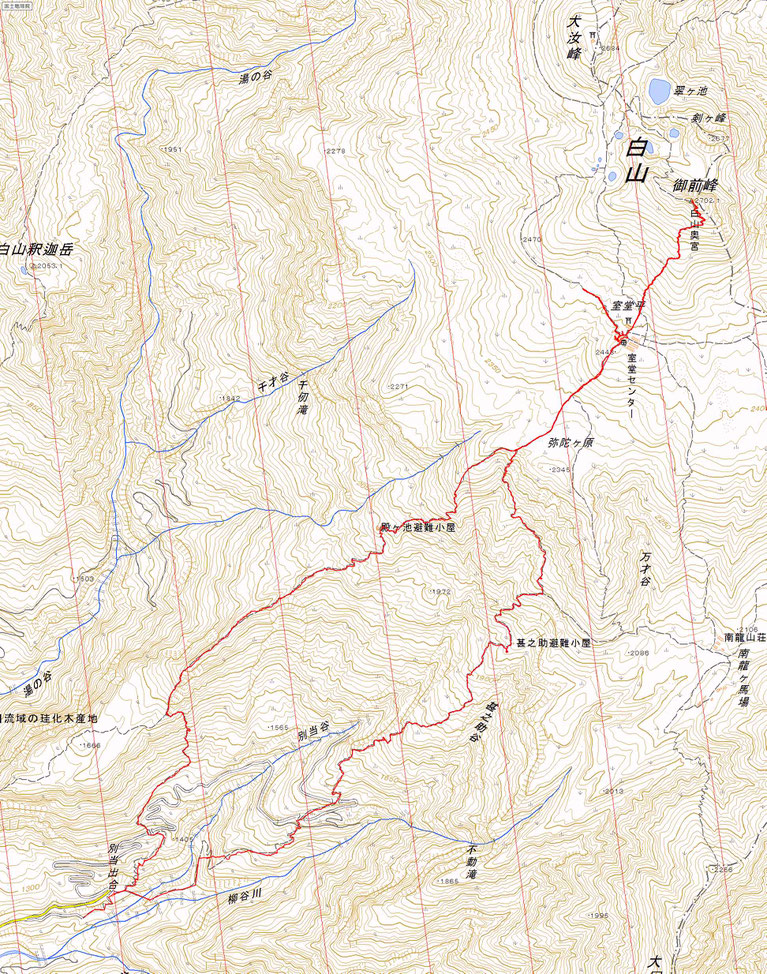 白山ルート図　砂防新道～観光新道