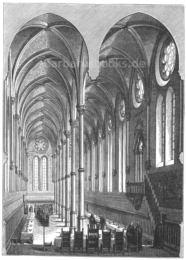 Abb. 253. – Refektorium im Priorat St. Martin des Champs, Paris (heute Teil des Conservatoire des Arts et Métiers), ein Werk von Pierre de Montereau, Architekt von St. Louis (13. Jahrhundert). – Archäologische Restaurierung von M. Alfred Lenoir.