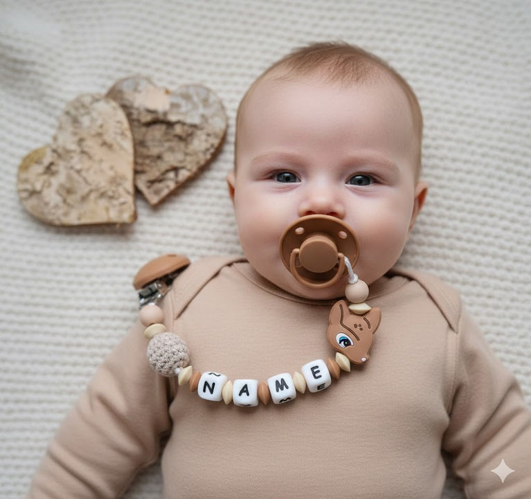 Baby mit personalisierter Nuggikette Rehli-Motiv und Namensperlen – Scherzinger Baby