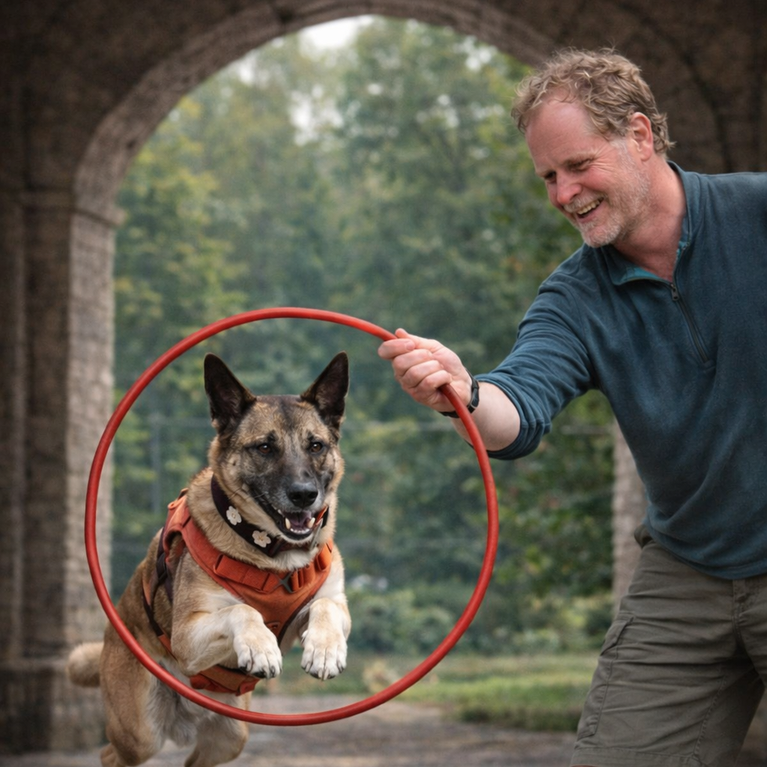 Bild zeigt Hundetrainer Dr. Ralf Sammler, von SimSammlerBim, der Seine Hündin durch einen Ring springen läßt.
