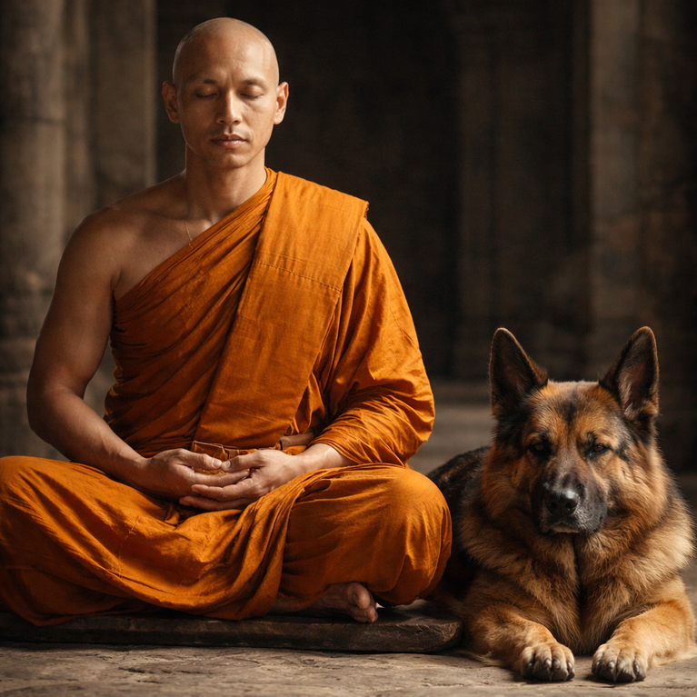 Das Bild zeigt einen in. sich ruhenden Hund neben einem meditierenden Menschen