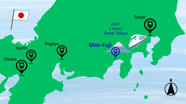 Illustrated map showing Shin-Fuji Station located on the Tokaido Shinkansen route between Tokyo, Kyoto, and Osaka.