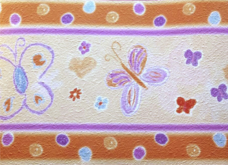 strukturierte Vliesbordüre mit pastellkreise Schmetterlingen und Blümchen - orange - lila - Restposten - Tapetenart nicht mehr im Sortiment
