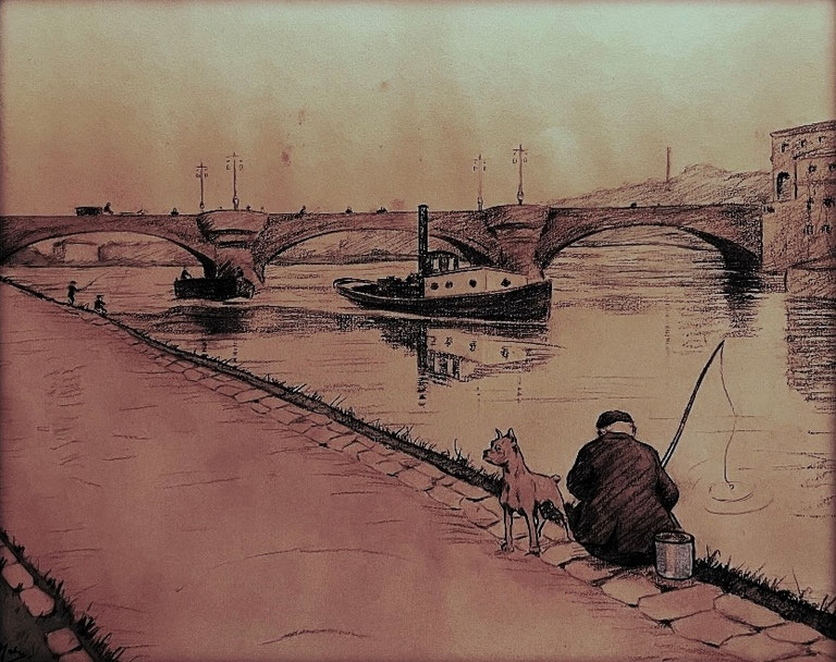 "Schlossbrücke Mülheim" Pastell von Hermann Haber (*1885- ermordet in Auschwitz 1942)  Sammlung PERMANENTA des Mülheimer Kunstvereins KKRR