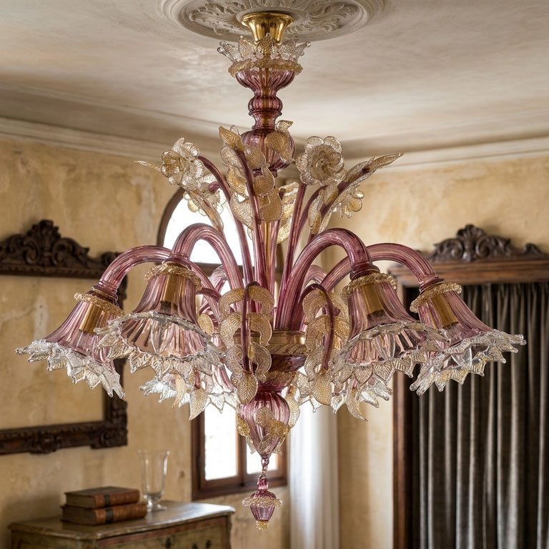 Lampadario Strauss 8 luci in vetro di Murano lavorato a mano per hotel ville e ambienti di lusso