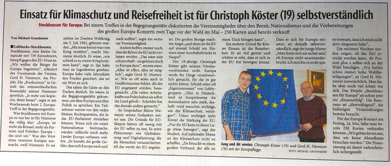 Bericht über den 2. Stockhauser Europa-Treff am 29. März 2019 (Neue Westfälische, Lokalteil Lübbecke, 1. April 2019 => Kein Aprilscherz !!!)